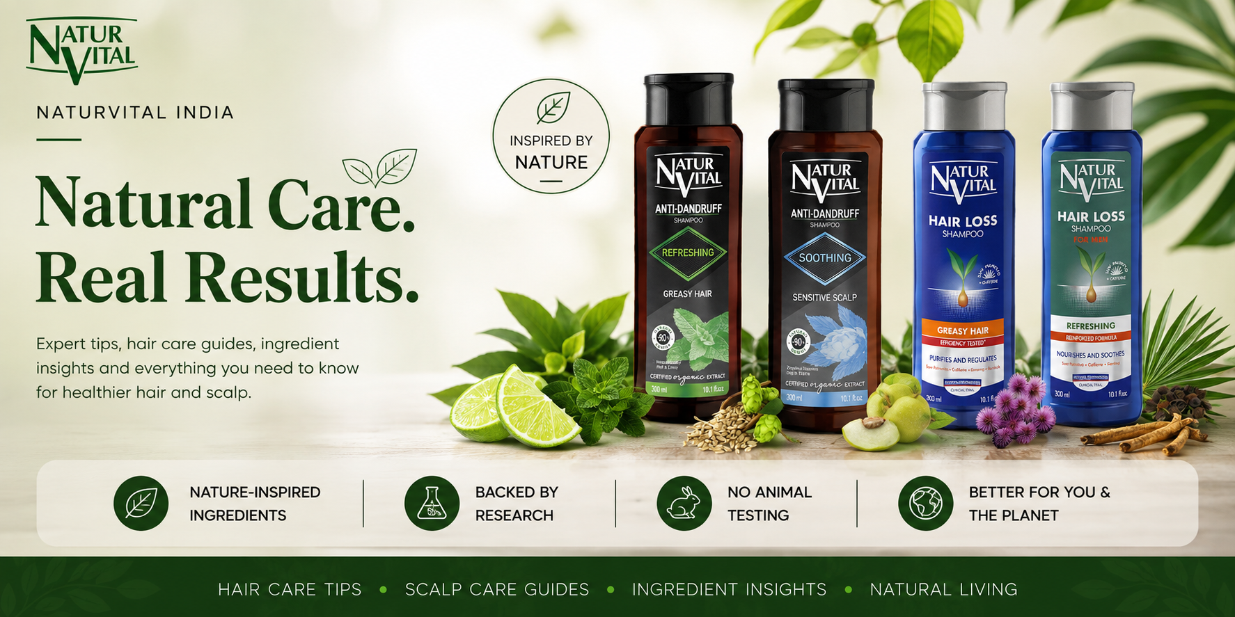 NaturVital India natural hair care banner featuring anti-dandruff and hair loss shampoos with nature-inspired botanical ingredients.